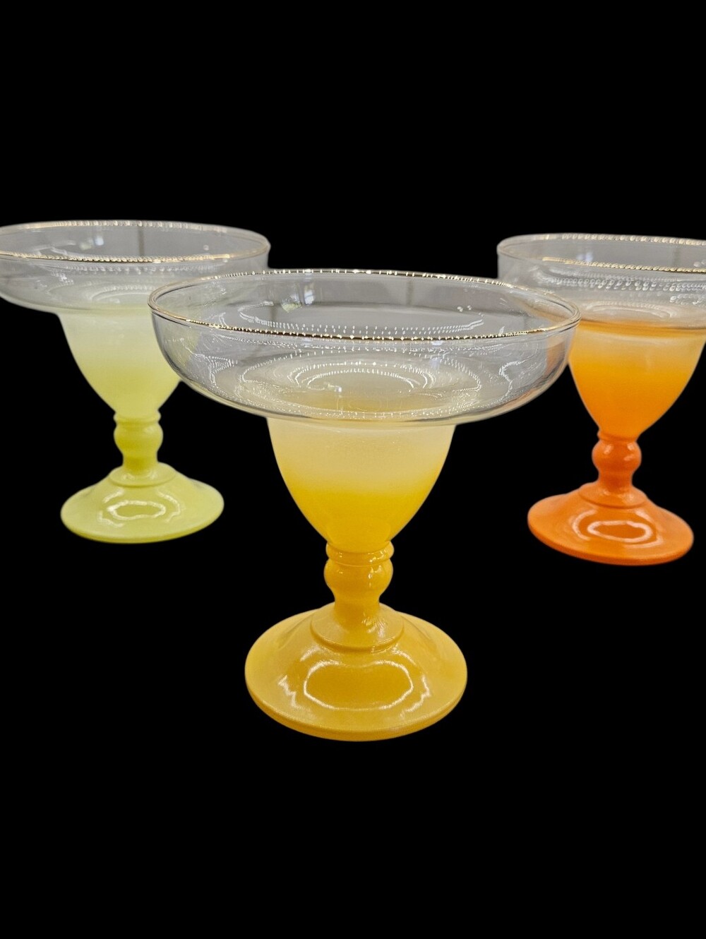 VTG Blendo Margarita Sherbet Glasses  Sunset Yellow Orange Colors Gold Rim Set 3